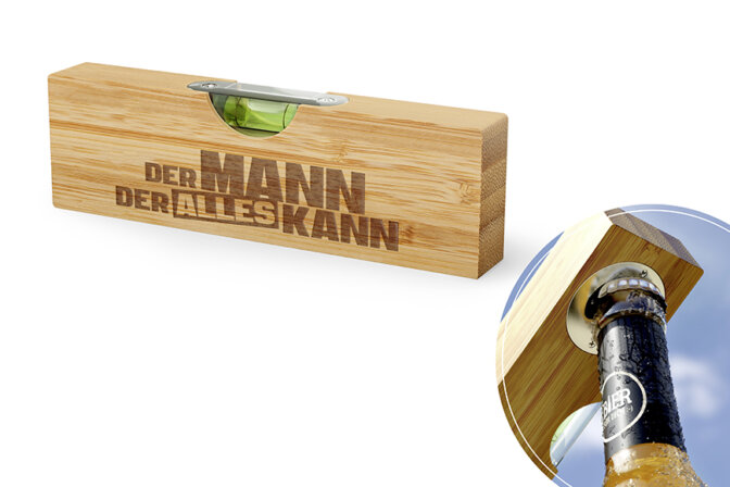 Bierbuddy Mann kann Wasserwaage und Öffn